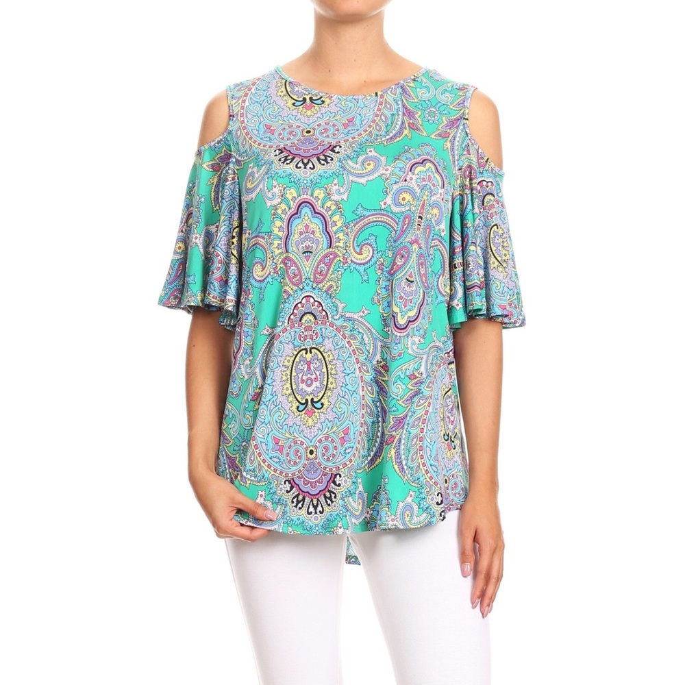 Teal Paisley Cold Shoulder Tunic